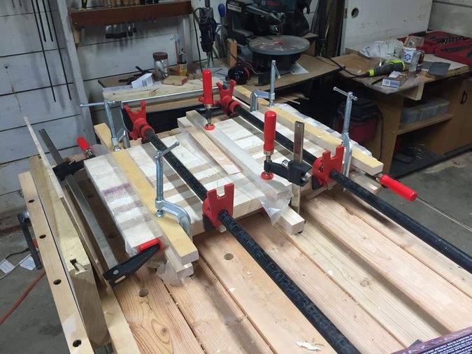 cutting board strips glued up and clamped